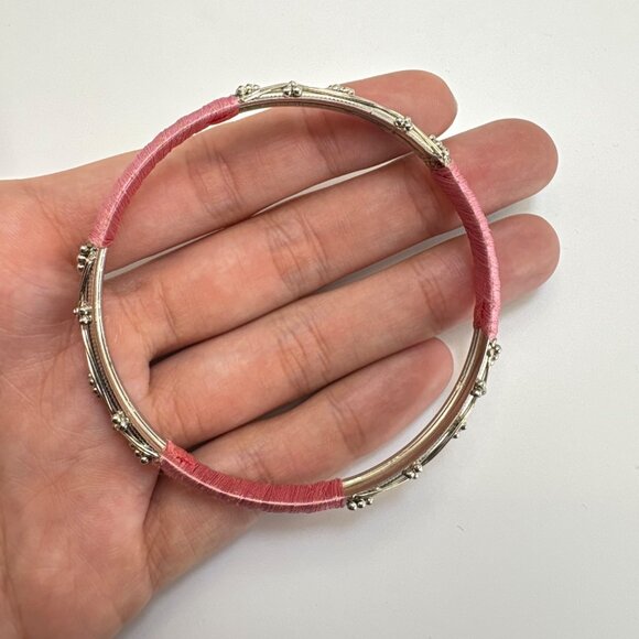 Silver Tone Scroll Design Bangle Bracelet Pink Cord Wrap Size 7.5" Fit - Picture 6 of 9